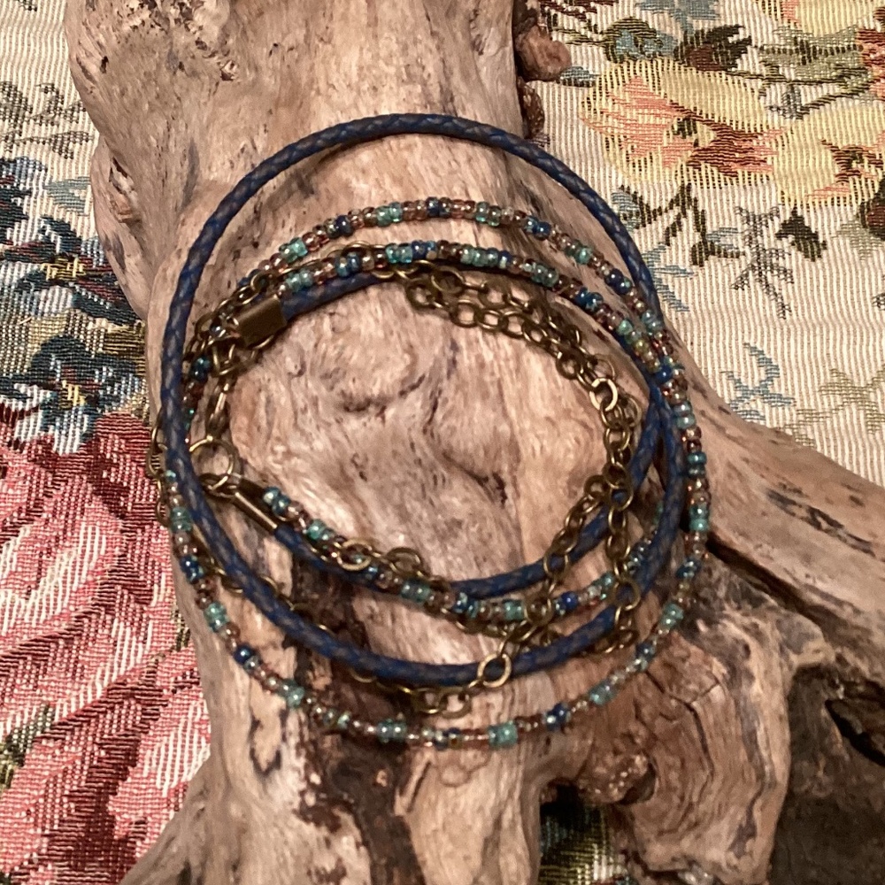 Double Wrap Braided Blue Leather Beaded Chain Bracelet